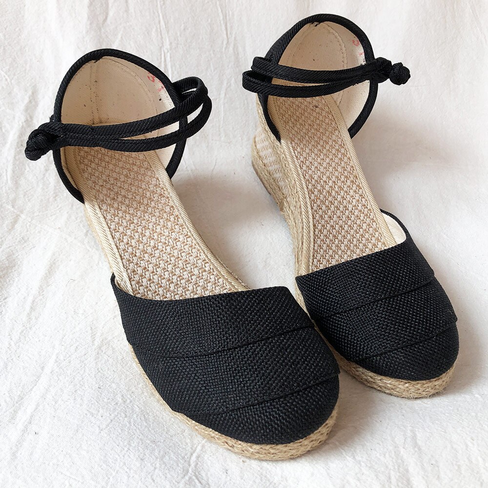 Veowalk – Espadrilles à semelles compensées en lin pour femmes, sandales faites à la main en Patchwork, plates-formes de 6cm, chaussures bohème, escarpins d'été