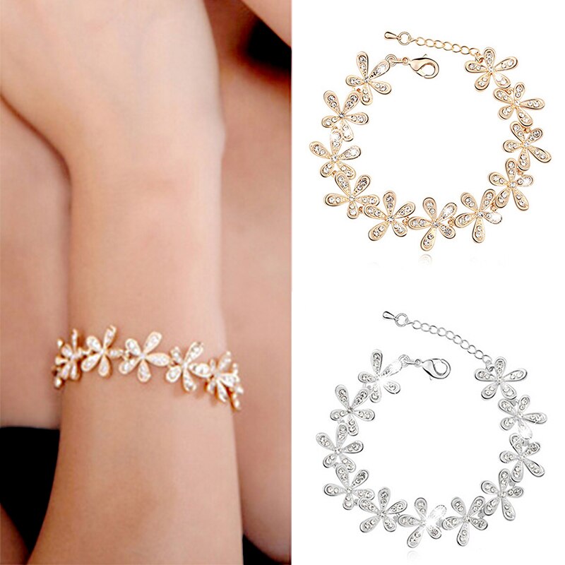 Verkoop Vrouwen Meisje Zoete Prachtige Glanzende Gouden/Zilveren Armband Sneeuwvlok Crystal Rhinstone Set Charmante Mode-sieraden