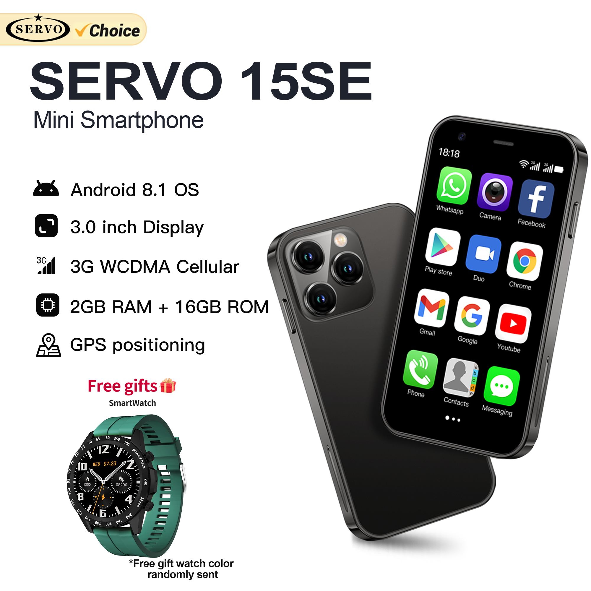 Kostenlose Smartwatch! SERVO 15SE Mini-Smartphone 3G WCDMA Android-System 2 GB + 16 GB WiFi-Hotspot 3,0 Zoll Taschen-Smartphones 2 SIM-Standby
