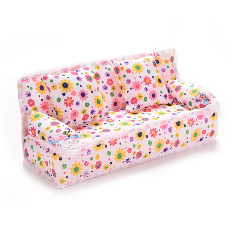 1Set Mini Poppenhuis Meubels Bloem Doek Sofa Couch Met 2 Volledige Kussens Voor Poppenhuis Speelgoed