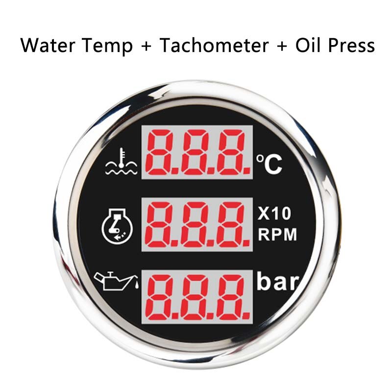 52mm Digital Gauge 3 in 1 Multi-Function Water Level Oil Press Fuel Gauge Tacho Meter Voltage With Alarm 9-32V: 9