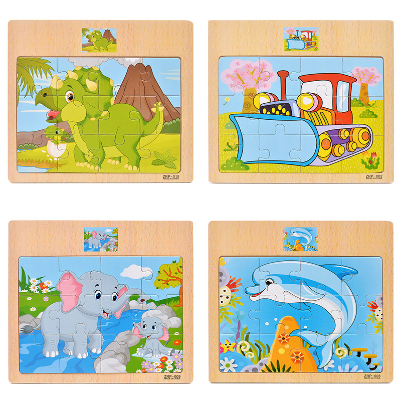 Kids Wooden Puzzles 12 Slice Cartoon Animals Traffic Jigsaw For Children Montessori Toys Educational Learning Game MG150