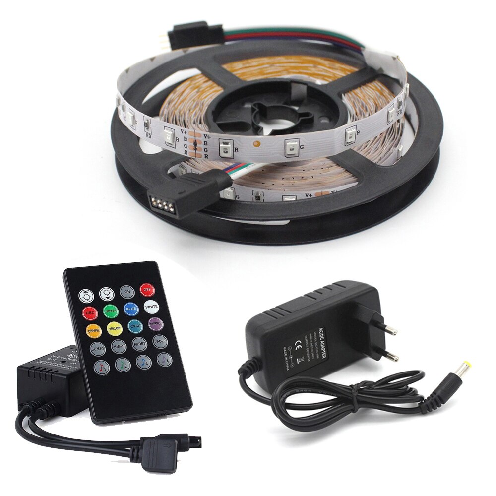 Tira de luces LED RGB 2835 con sincronización de música, 5 m, no impermeable, 12v, Sensor de sonido, Control de 20 teclas, cinta de retroiluminación: 5 M Full Set-EU Plug
