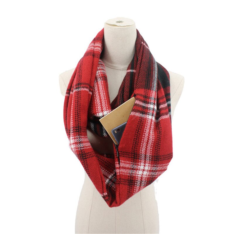 foulard à carreaux en sergé avec poche Convertible voyage foulard de tête pour femme châle caché poche à glissière infini voyage hiver écharpes: 3