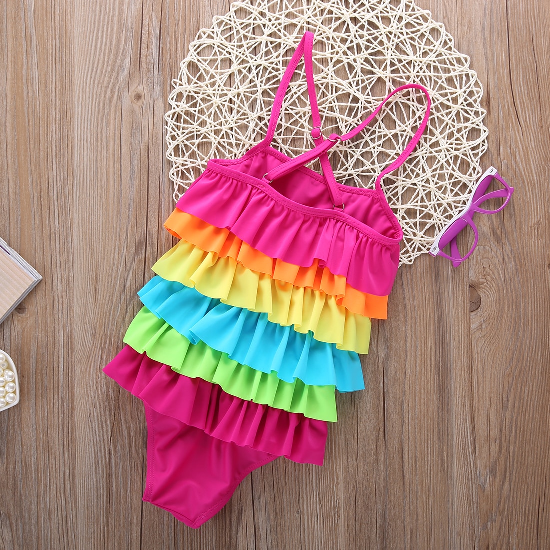 Et stykke små piger regnbue badedragt sommer strandtøj farverigt lagdelt stribet bikini badetøj badebadedragt super cutr