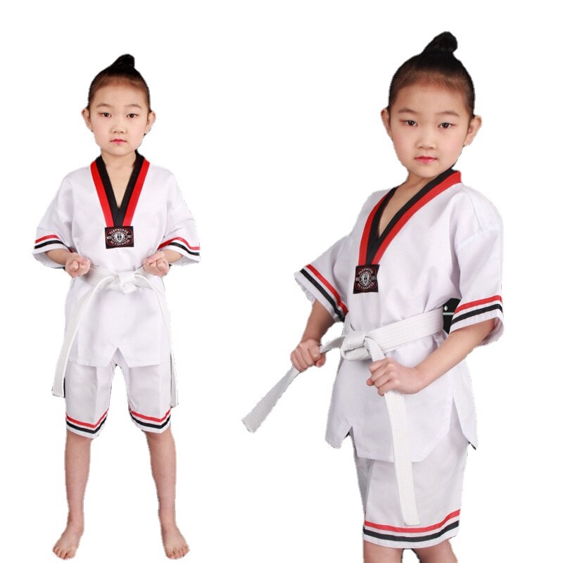 Uniformes de Taekwondo WTF para niños, Blanca para ropa de entrenamiento Karate, Judo, Taekwondo, Dobok, manga corta y larga, Unisex