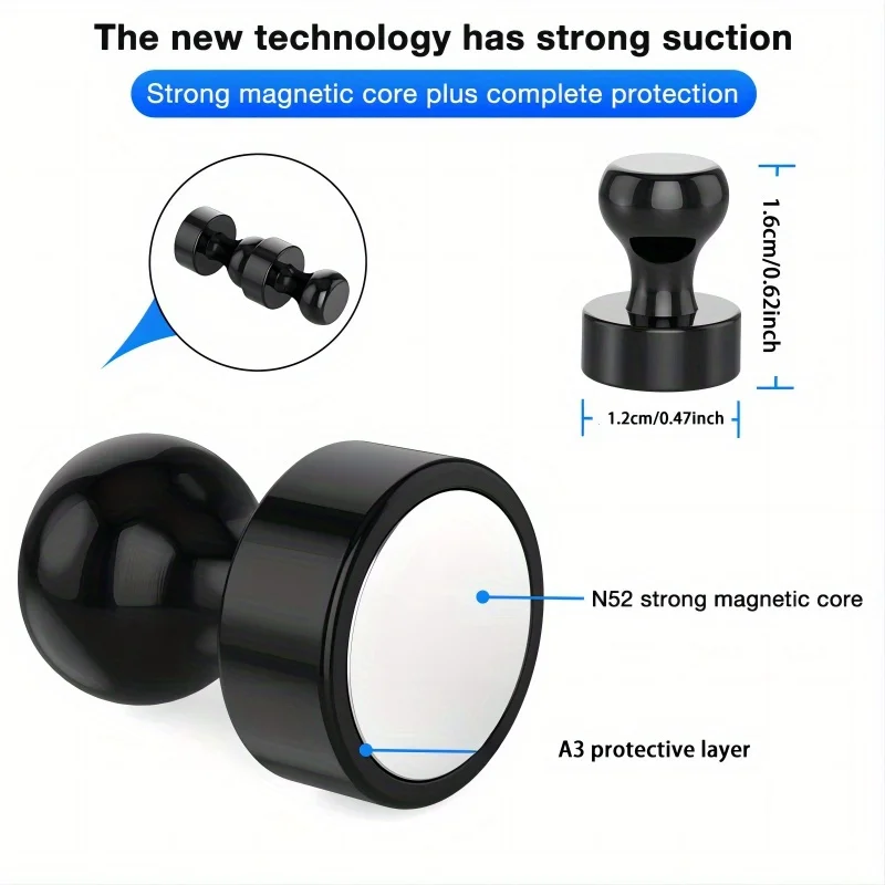 Black Neodymium Magnetic Push Pins - Strong Refrigerator & Whiteboard Magnets for Office, Kitchen & Map Use