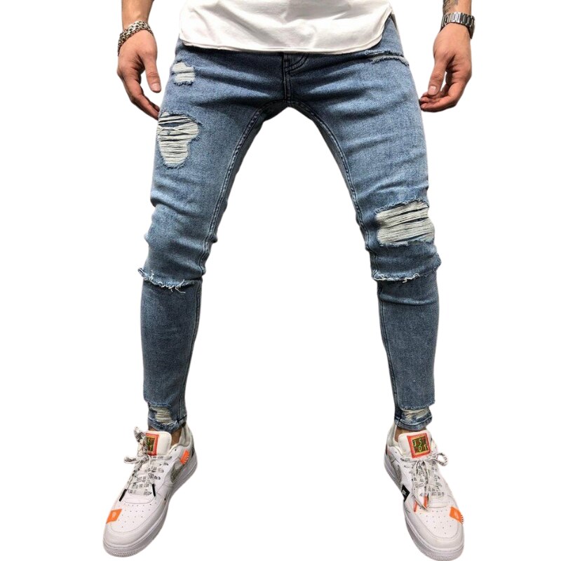 Men Ripped Skinny Jeans Biker Hole Pencil Pants Slim Fit Denim Street Men's clothing