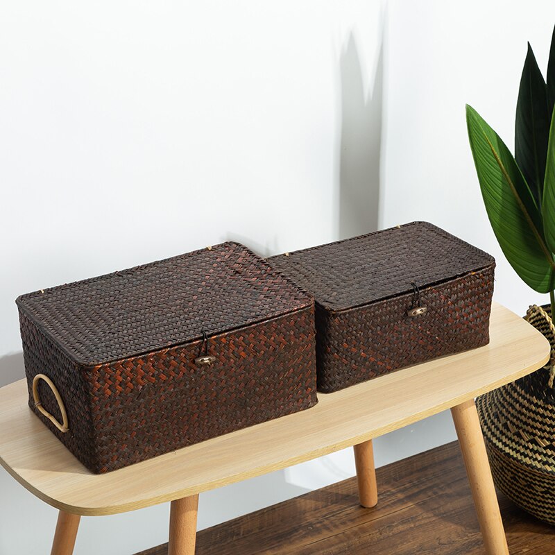 Wicker Basket Natural Seagrass Storage Basket with Lid Handwoven Storage Box Rattan Sundaries Organizer Multipurpose Container