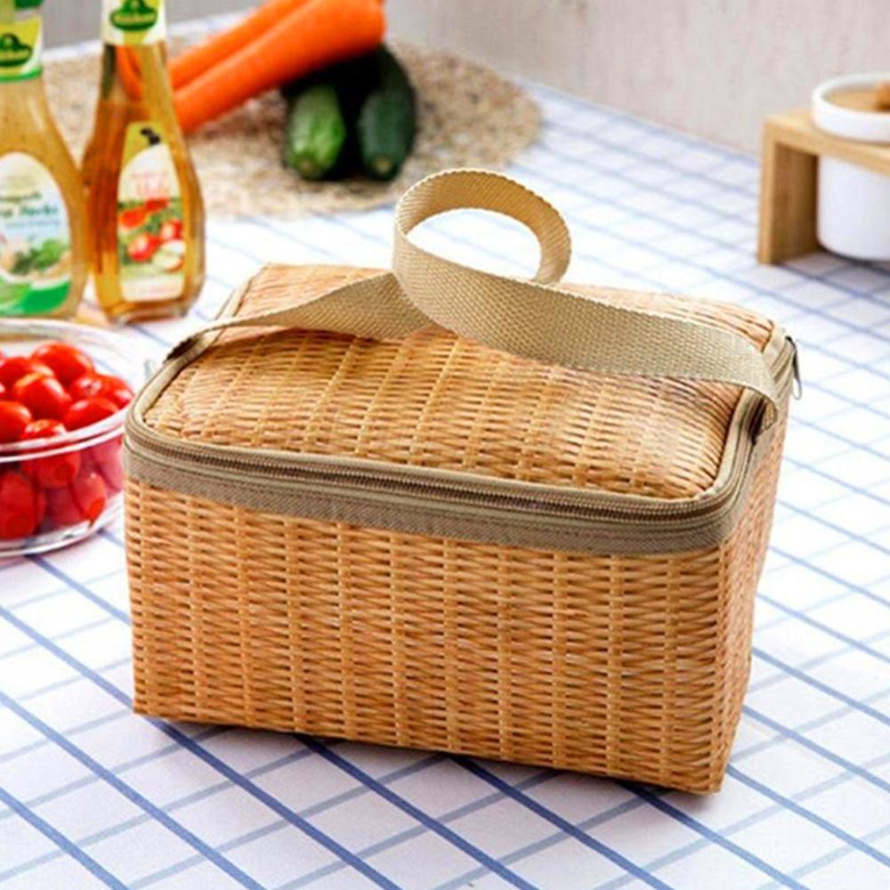 Portable Lunch Bag Wicker Rattan Outdoor Waterproof Tableware Insulated Thermal Cooler Food Container Basket Camping Picnic