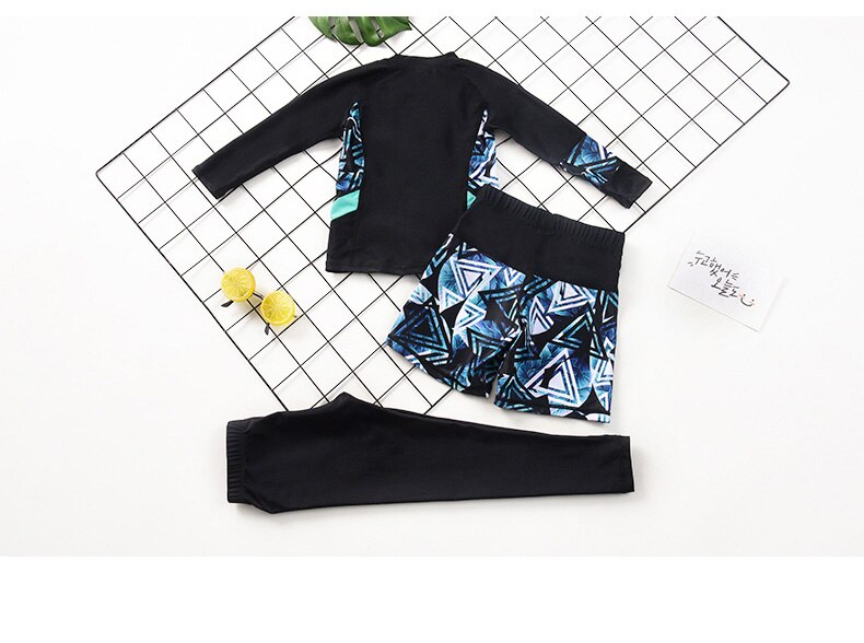 Long Sleeve Swimming Suit For Kids UPF 50+ Boys Girl Beach Sport Patchwork Bathing Sets Sun Protective Wetsuit Sport Clothes: Boy-3 suit / L