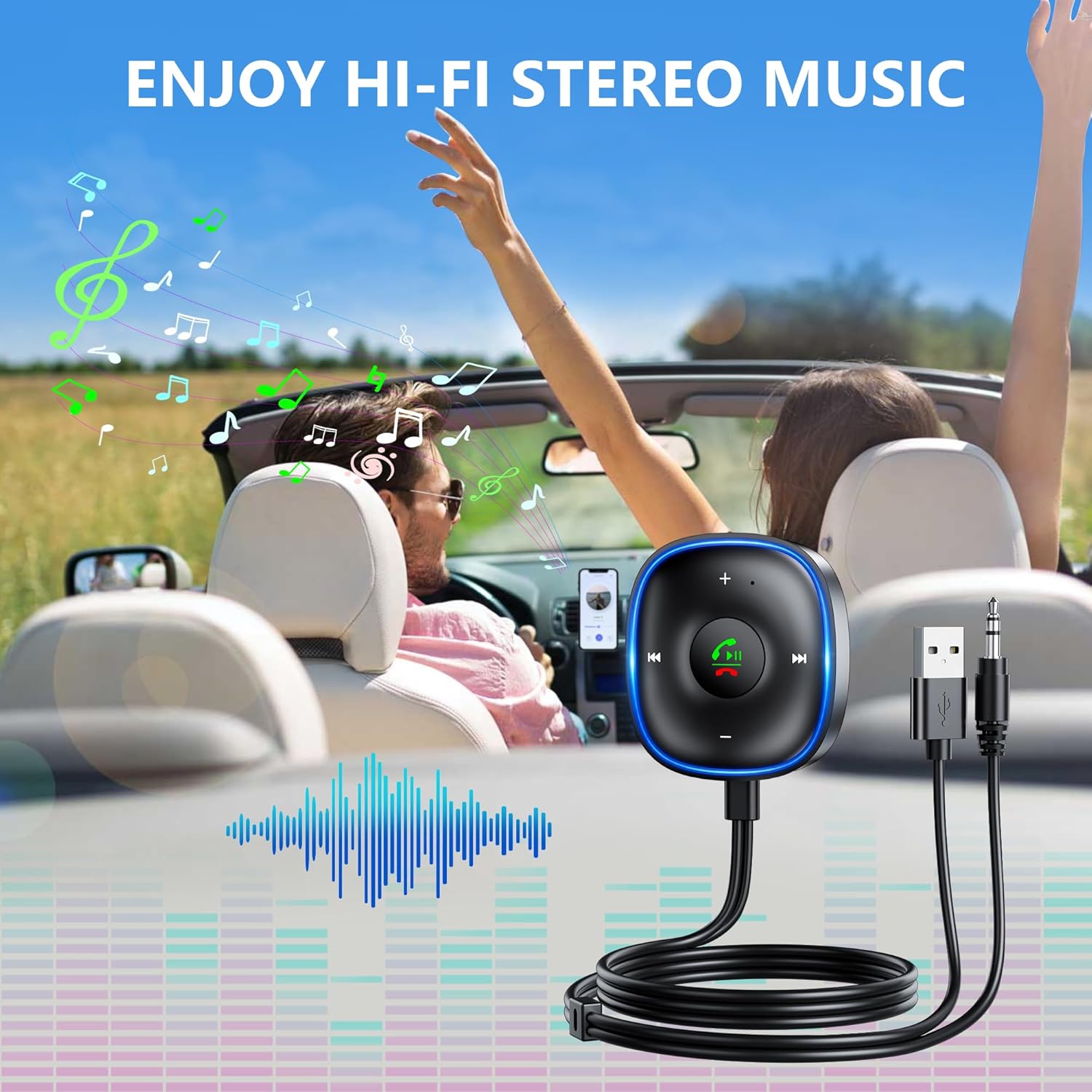Adaptador de asistencia de Audio para coche Bluetooth 5,3, 3,5mm, con micrófono, función de llamada, receptor USB, música estéreo para el hogar y llamadas manos libres
