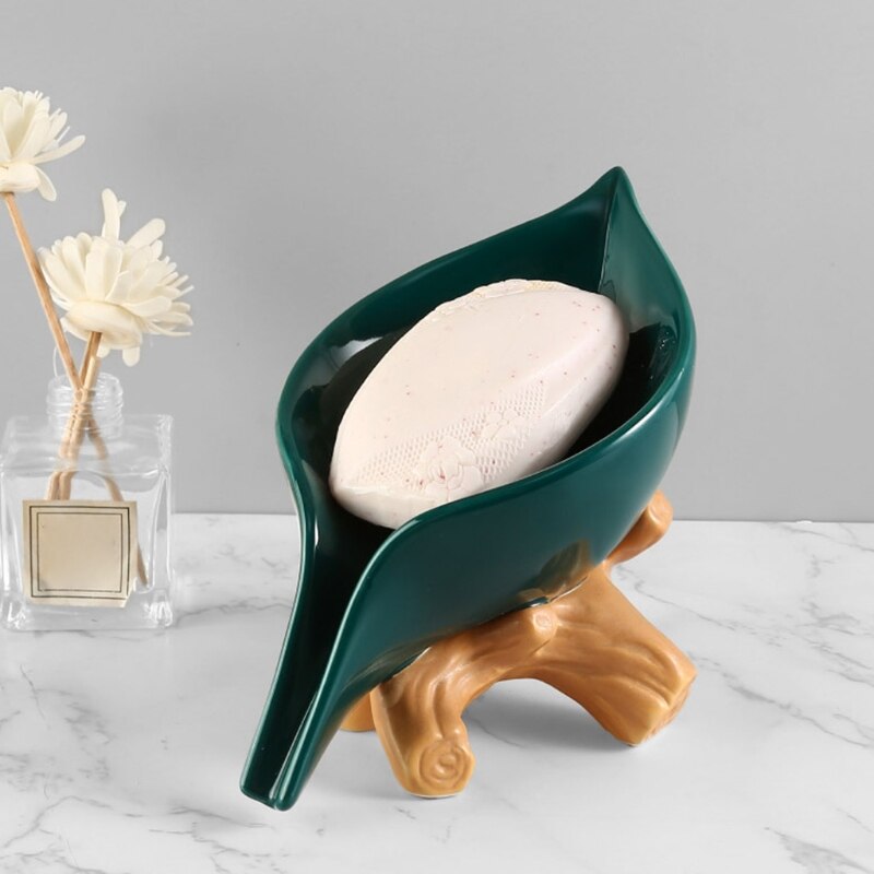 Jabonera creativa con hojas de cerámica para el hogar, soporte de drenaje nórdico para el baño, contenedor de jabón para la cola