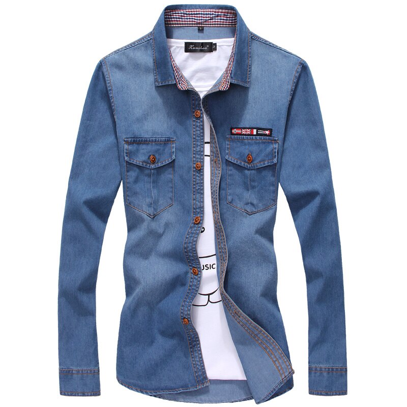 Two Front Pockets Spring Autumn Men Denim Shirt Long Sleeve Soft 100% Cotton Slim Jeans Cowboy Slim Shirt 5XL: Blue / XXXL