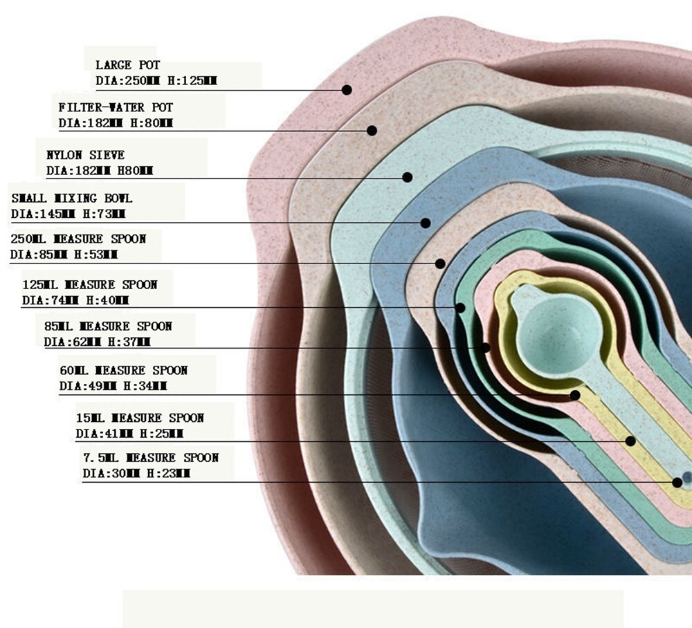 10Pcs Set Mixing Bowl Colour Measure Cup Spoons Baking Measurement Utensil Kitchen Measuring Colander Colander Sifter Tool