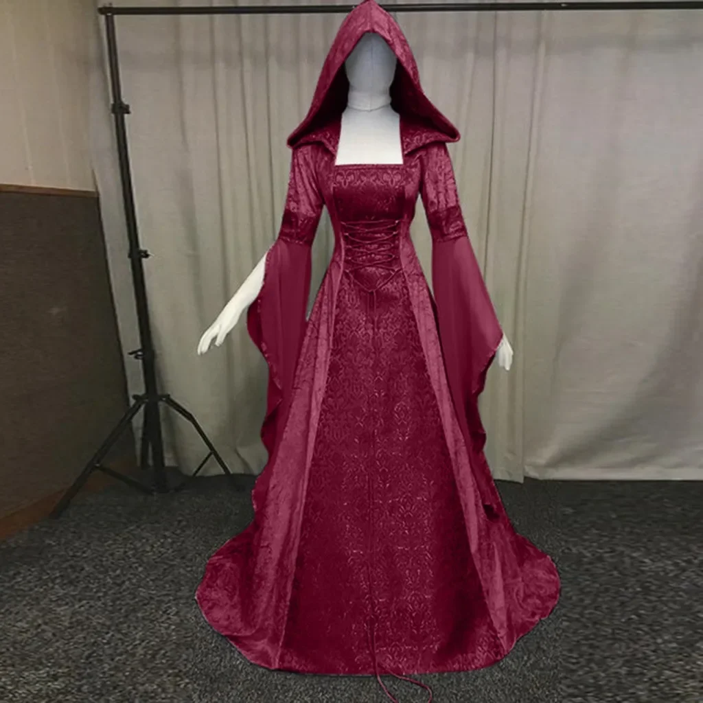 Abito da strega deluxe da donna, abito lungo con strascico medievale rinascimentale, costume da diavolo pagano per halloween, strega, abito da sposa con cappuccio