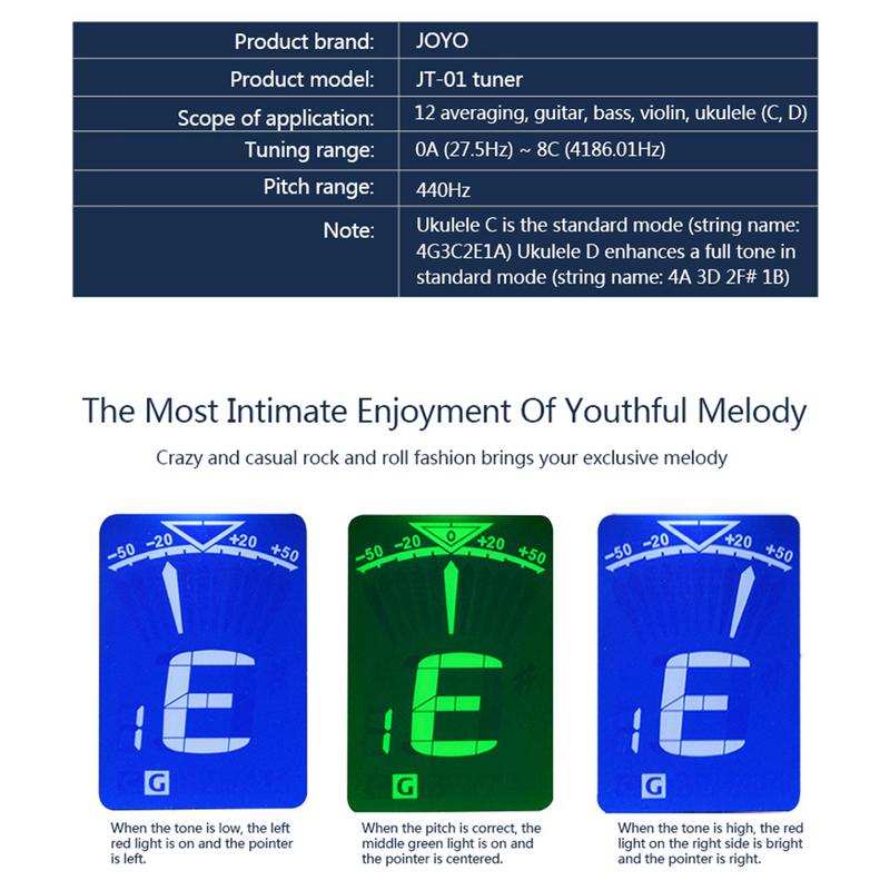 Afinador acústico para guitarra JOYO, ukelele, violín, sintonizador de bajos, registro Universal, dos modos de rotación para leer, pantalla redonda de lujo