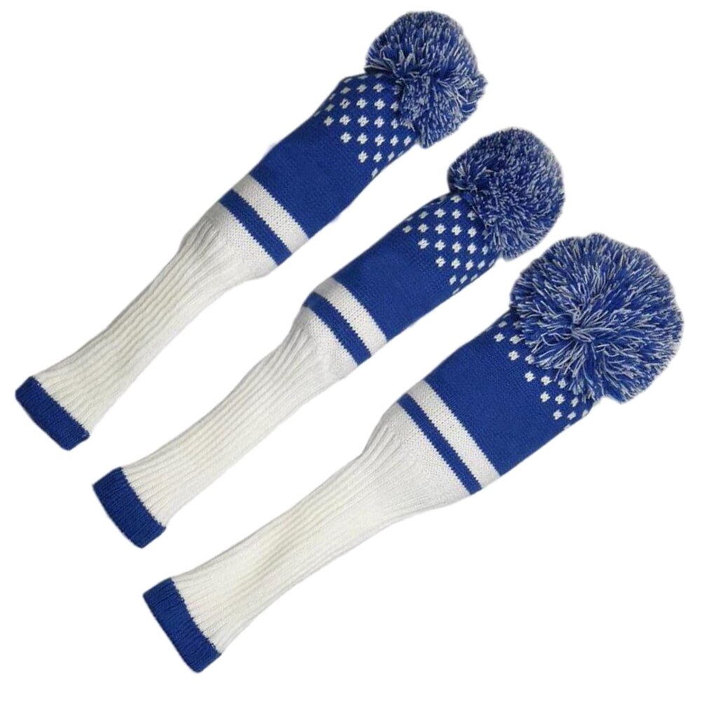 3 stücke Golf Club Sets Stricken Clubs Headcovers Holz Fahrer Kappe Pom Poms Golf Club Headcover Golf Club Schutzhülle kopf Schutz: White Blue