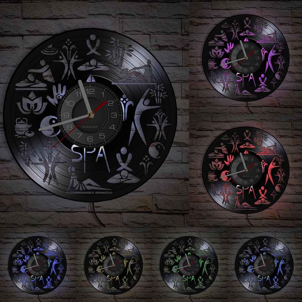 Spa Salon Center Decorative Wall Clock Massage Therapy Leisure Center Wall Watch With LED Backlight Carved Vinyl Record Artwork: With LED