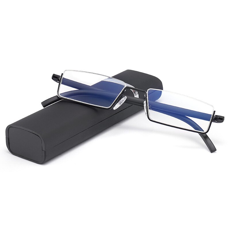 Glausa óculos de leitura tr90 de aço inoxidável, unissex meia armação antirreflexo, espelho óptico para presbiopia, estojo para óculos: Black  with case / +150