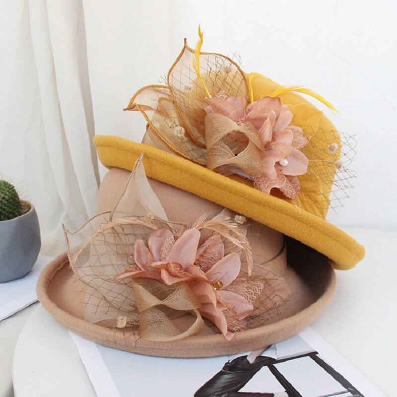 Sombrero de lana con flores para mujer, gorro cálido de ala ancha, , para , decoración, otoño e invierno,