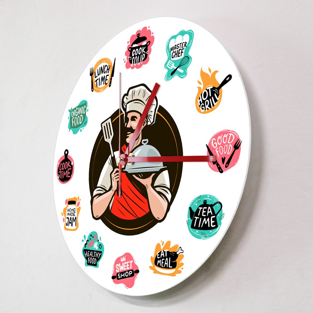 Cooking Food Baking Foods Wall Clock Kitchen Chef Holding a Tray Restaurant Decorative Wall Hanging Watch Non Ticking Mechanism
