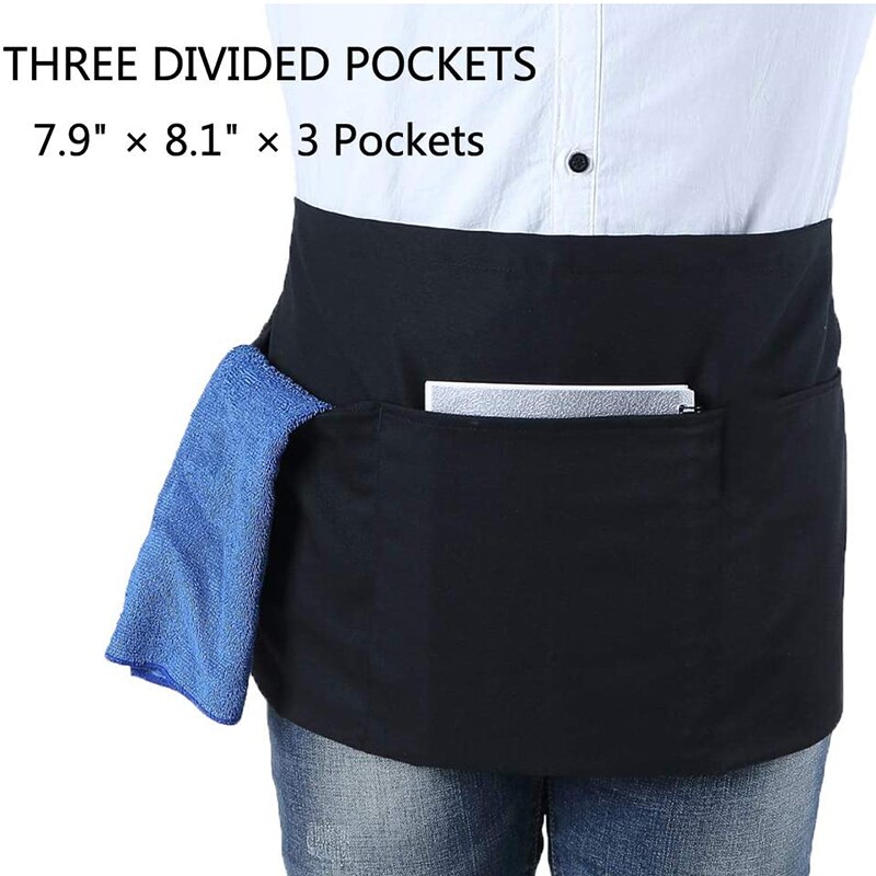 Paquete de 6 delantales de cintura negros con 3 bolsillos-medio Delantales para camarera camarero 24x12 pulgadas delantales de servidor para sostener el libro del servidor Gu