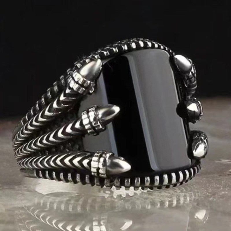 Anillo de piedras preciosas curvadas negras con patrón Retro europeo y americano para hombre, anillo de Punk: 9 / Blanco