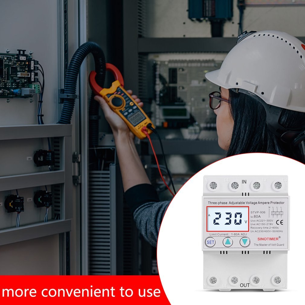 Din Rail 3 Phase Voltage Relay 380V Voltmeter Ammeter Over and Under Voltage Relays Adjust Current Overvoltage