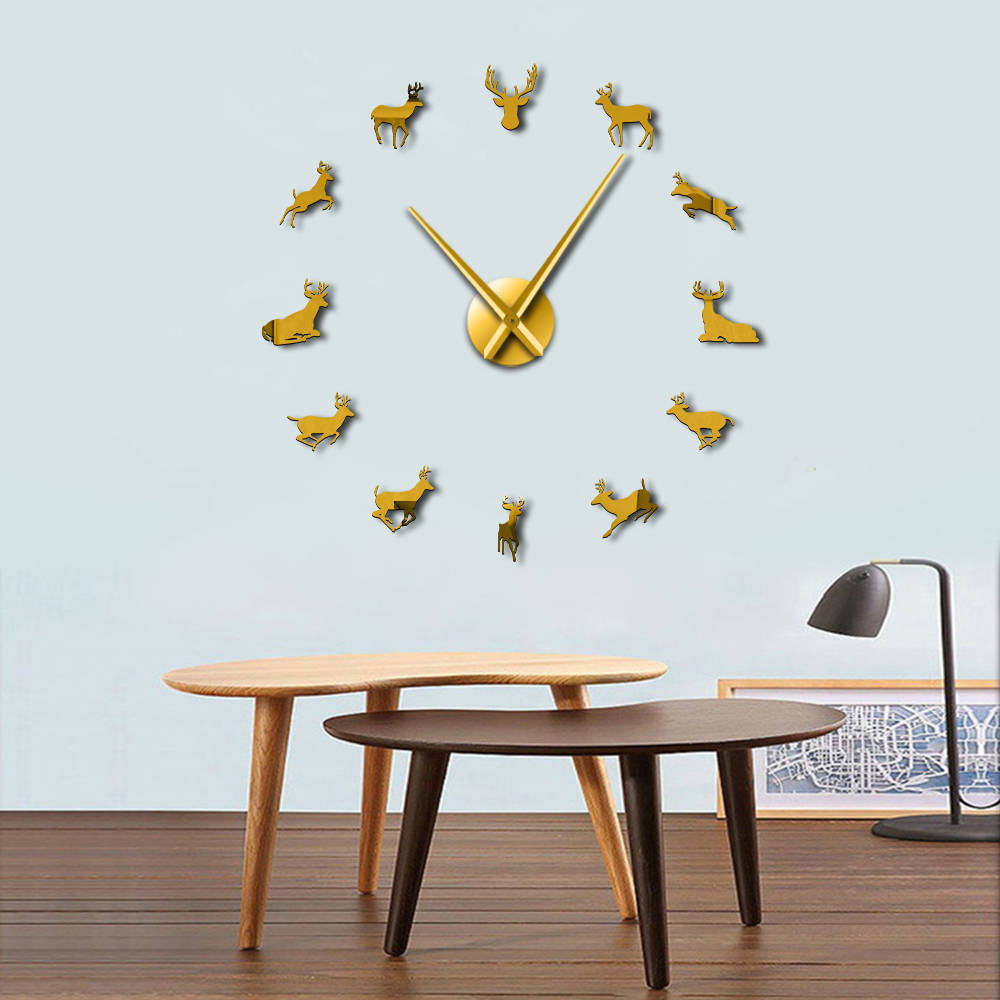 Horloge murale géante en acrylique, tête de cerf, bricolage, moderne, effet miroir, décorations pour la maison