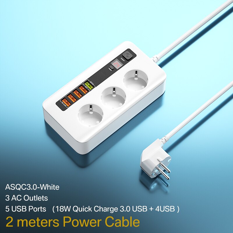2500W Timer Smart Electrical Socket Power Strip Extension Cable With Switch Home Office Surge Protector 3 AC Outlet with 5 USB: White QC3.0