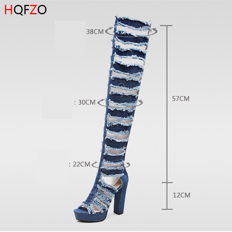 Hqfzo strakke hoge jeans laarzen sexy doe oude overknee laarzen hoge hakken peep toe schoenen damesschoenen zomer