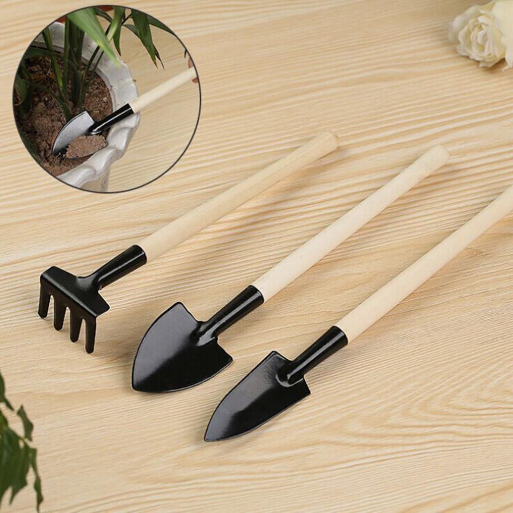 3pcs Mini Portable Gardening Tool Metal Head Shovel Rake Spade Plant Garden Soil Raising Flowers Wooden Handle Tool Set Garden