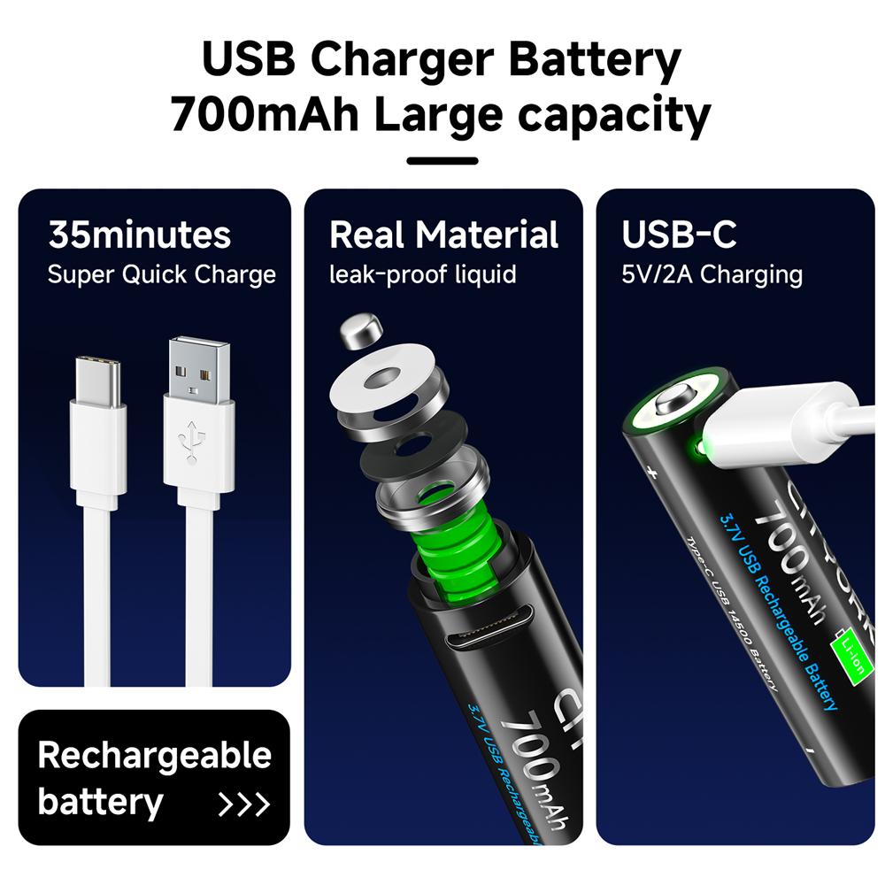 3.7V 14500 USB Rechargeable Lithium Battery USB fast charging Batteries For Toy Flashlight Remote Control With Type C Cable