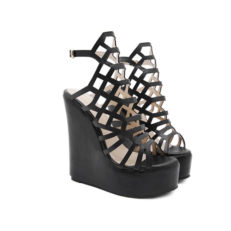15cm talon plateforme sandales femmes noir chaussures à semelles compensées évider talons hauts sandales sandales à talons compensés Sandale Compense Femme