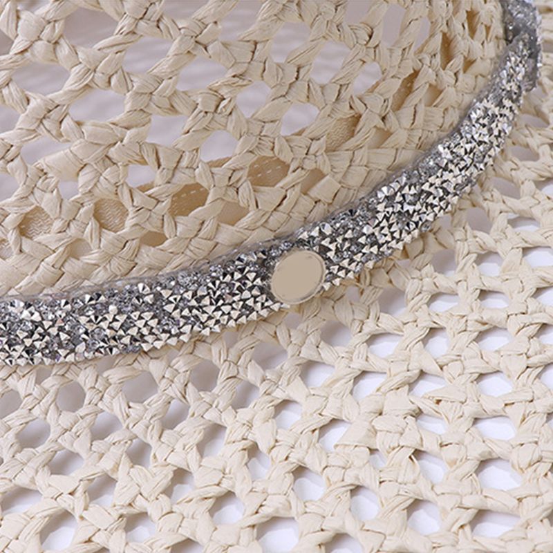 Dam sommar ihåligt mesh nät solhatt vävd halm stor bred brättad solkräm glitter strass kedja bälte panama strandmössa