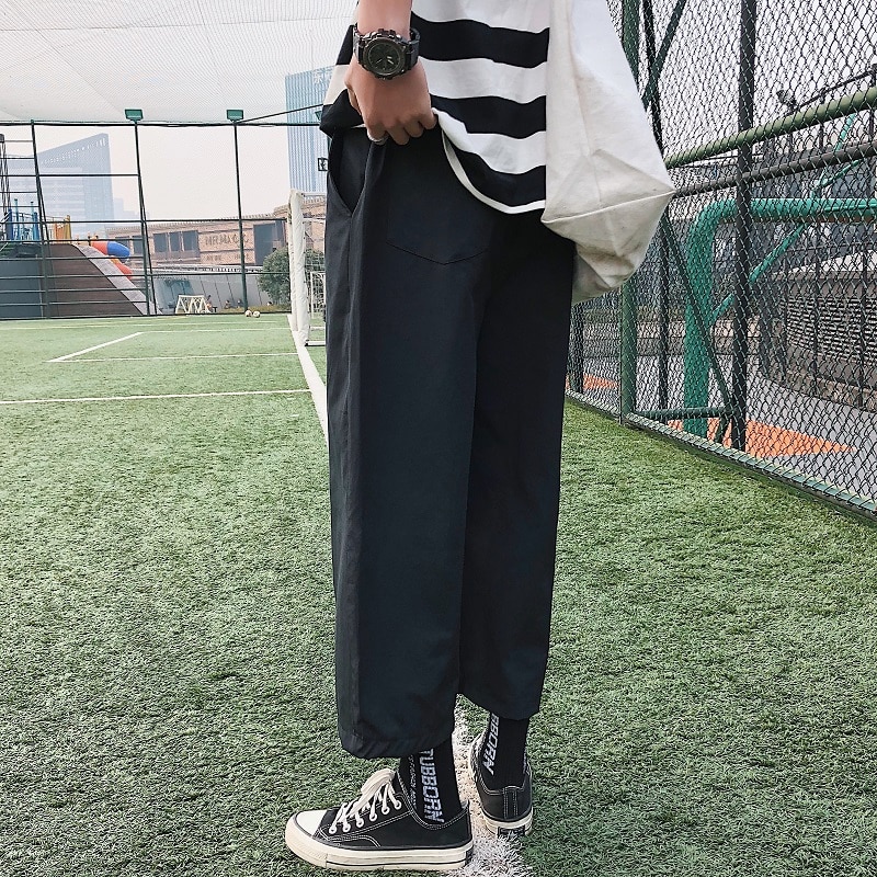 Męskie spodnie długości łydki spodnie z szerokimi nogawkami luźne rekreacyjne męskie koreańskie stylowe solidne cienkie oddychające retro Harajuku modny szyk Ulzzang