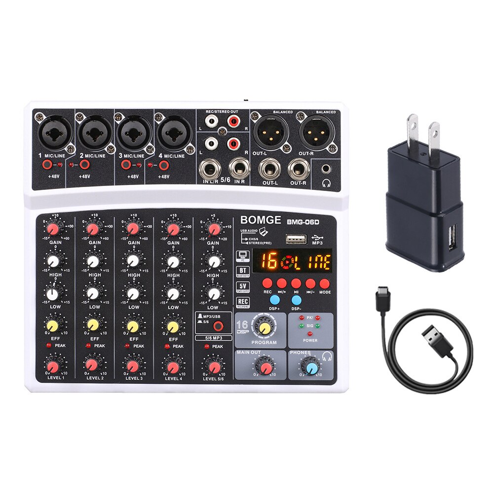 6 Kanalen Sound Mixing Console 16 Dsp Bluetooth Compatibel Usb Interface Record MP3 Computer 48V Power Monitor Audio mixer: US plug White