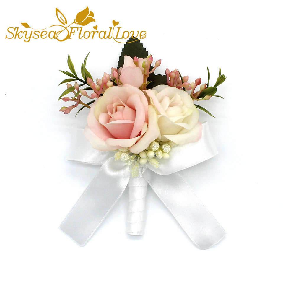 Bruiloft corsages en boutonnières broche bruid bruidegom pols corsages bruiloft bloemen: Pink 1 Boutonniere