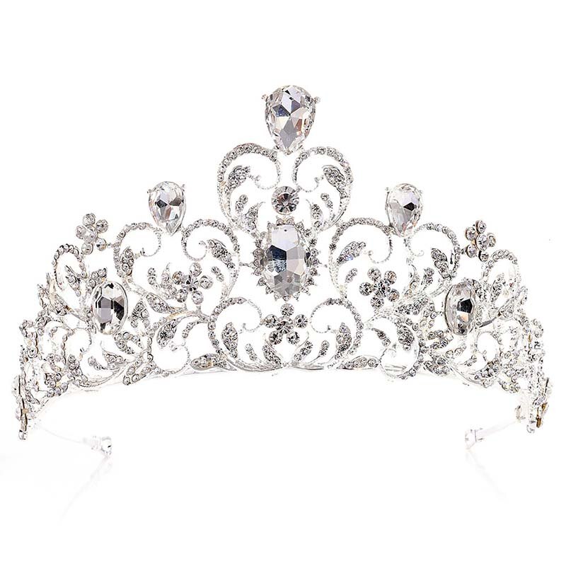 Frauen Luxus Strass Blume Tiara Braut Crown Hochzeit Braut Silber Farbe Kristall Hohl Große Krone Diadem Haar Zubehör JL: silver