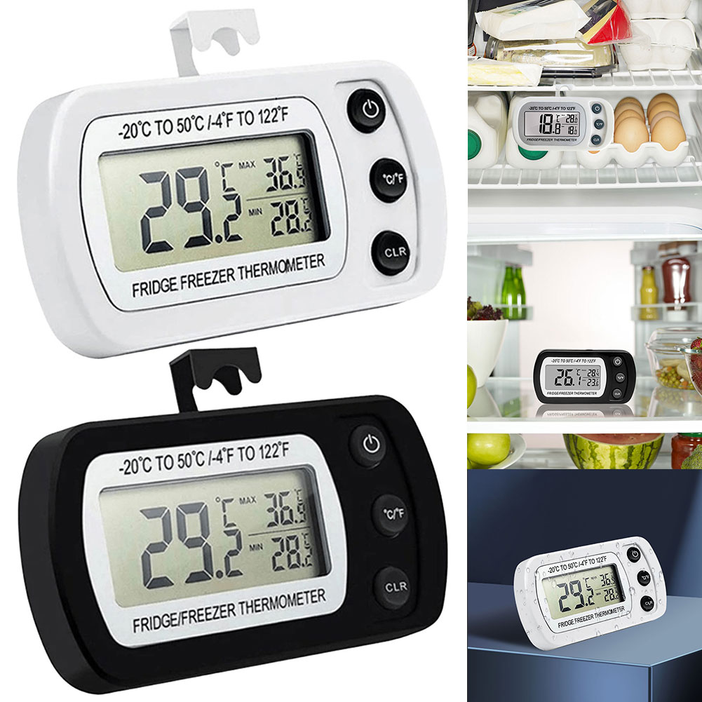 Digitales Kühlschrankthermometer, großes LCD, wasserdichtes Kühlschrank-Gefrierschrank-Thermometer, magnetische Rückseite und Haken für Zuhause, Riegel, Cafés
