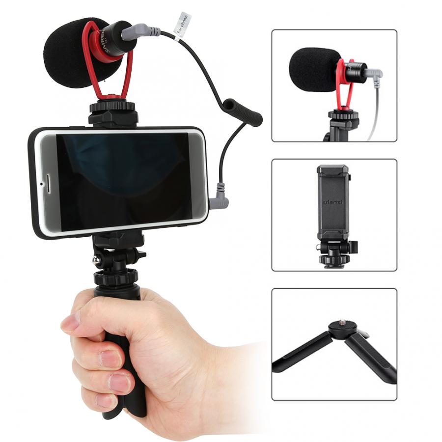 Ulanzi Smartphone Video Kit Telefoon Fotografie Live Vlog Set Omvat Statief Telefoon Clip Led Verlichting Microfoon Handheld Stabilizer: Kit 1