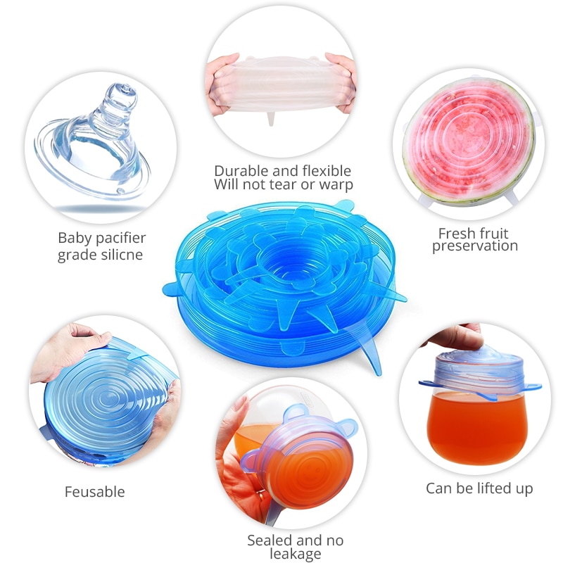Tapas elásticas de silicona de 6 uds, tapas herméticas reutilizables para envolver alimentos, cubiertas para mantener el bol sellado fresco, cubiertas elásticas para envolver, utensilios de cocina