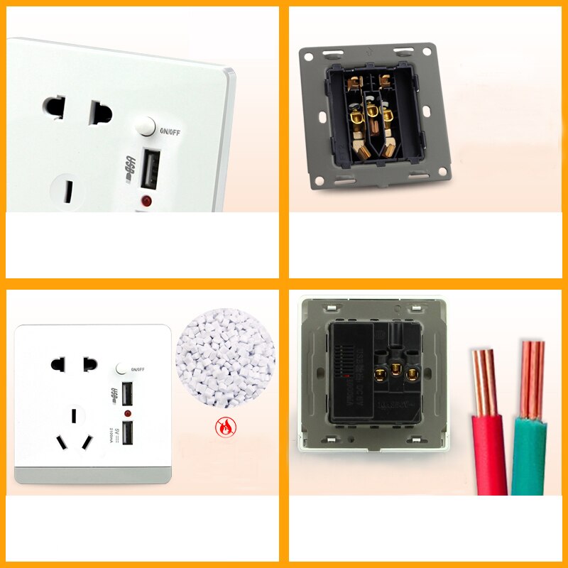 China ccc Standard Wall socket,86 Style Plug adapter Outlet,Flame retardant PC, Five hole two usb Socket,AC 220-250v
