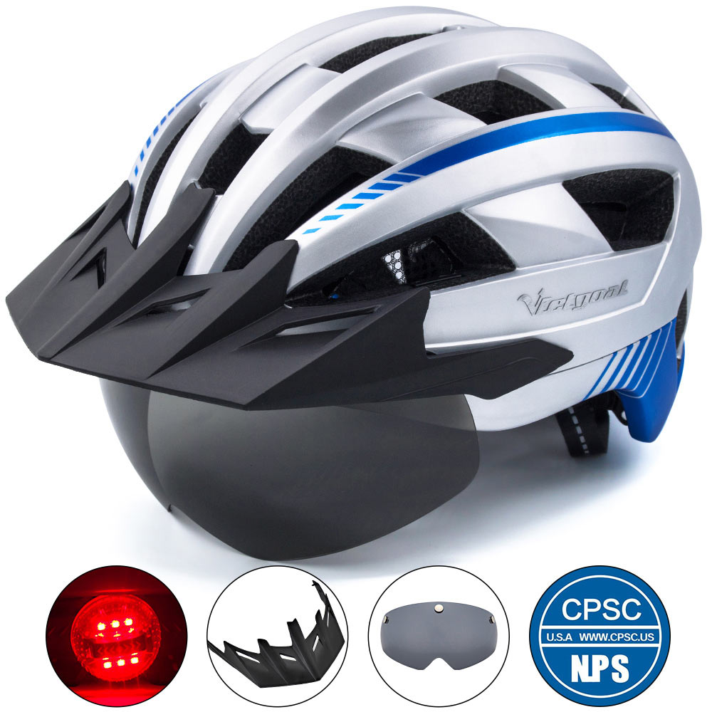 VICTGOAL LED Fietshelm met Zonneklep Goggle voor Mannen Vrouwen Scooter MTB Road Fietshelmen Verstelbare Fiets Veiligheidskappen: M / violet