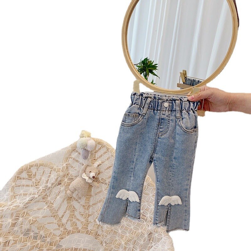 Spring Children‘s Denim Jeans Kids Boot Cut Pants Cute Wing Split Girls Casual Trousers