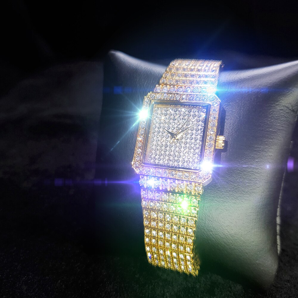 MISSFOX – montre de bureau en or 18k pour femmes, montre-bracelet à Quartz en acier inoxydable, cadran carré glacé