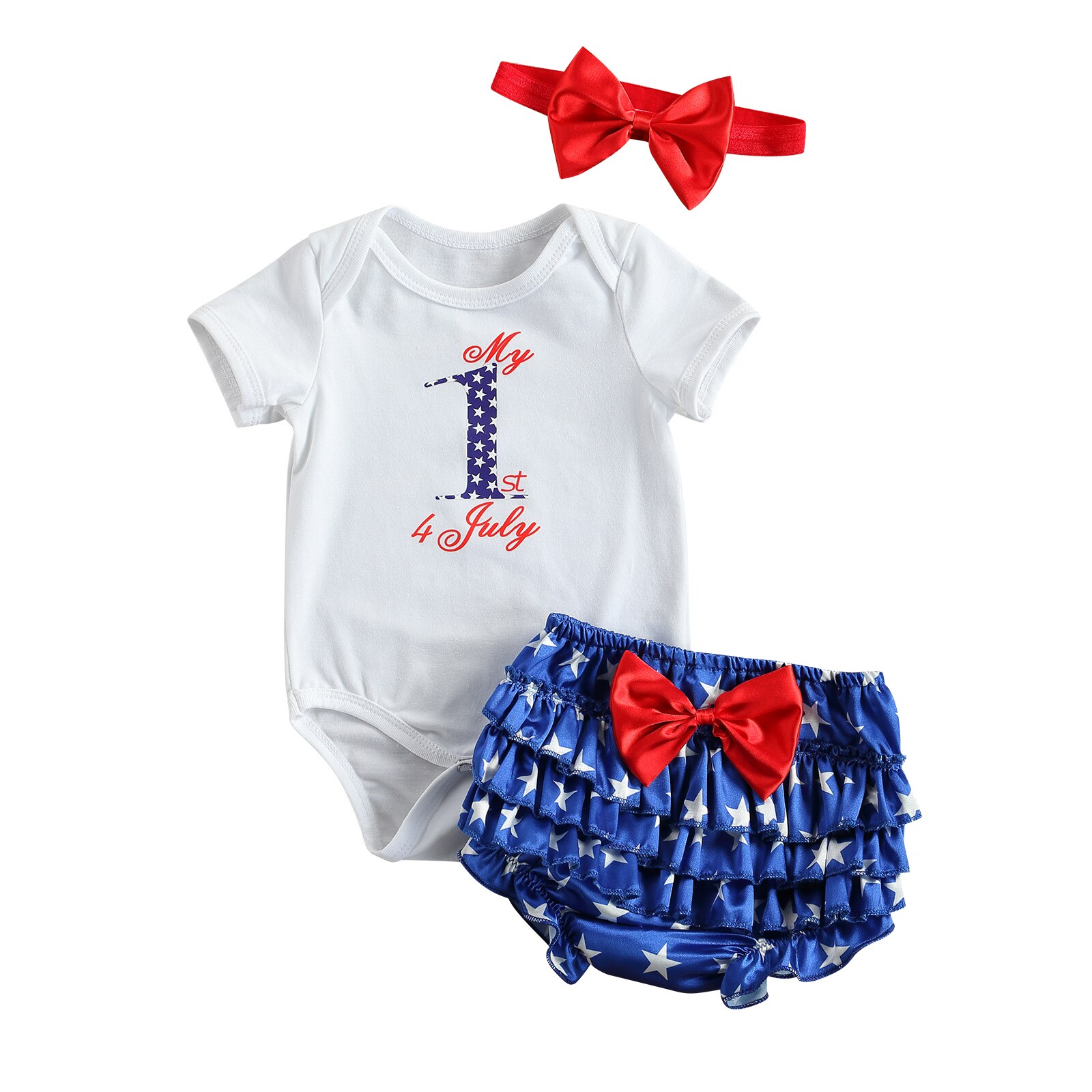 Baby Meisje Driedelig Pak, brief Afdrukken Korte Mouwen Romper + Ruches Shorts + Hoofddeksels Voor Verjaardagsfeestje