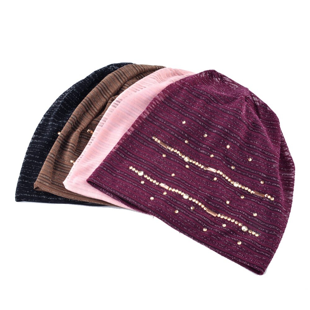 Lace Striped Rhinestones Beanie Hats For Women Casual Diamond Turban Bonnet Caps Female Thin Skullies E Gorros Mulheres