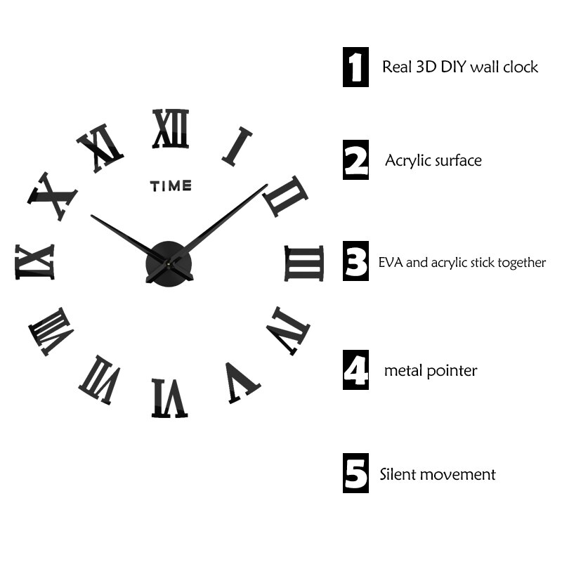 DIY 3D Large Wall Clock Sticker Acrylic Mirror Self Adhesive Big Wall Clocks Modern Roman Numerals Clock Watch Home Decor